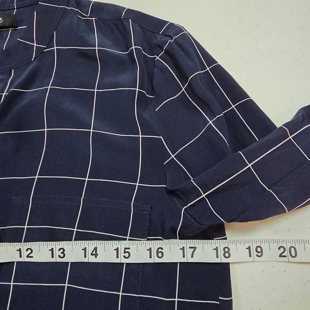 Madewell Navy Silk Windowpane Lace Up Blouse F5658 Womens XS Grid Long Sleeve - Picture 6 of 8